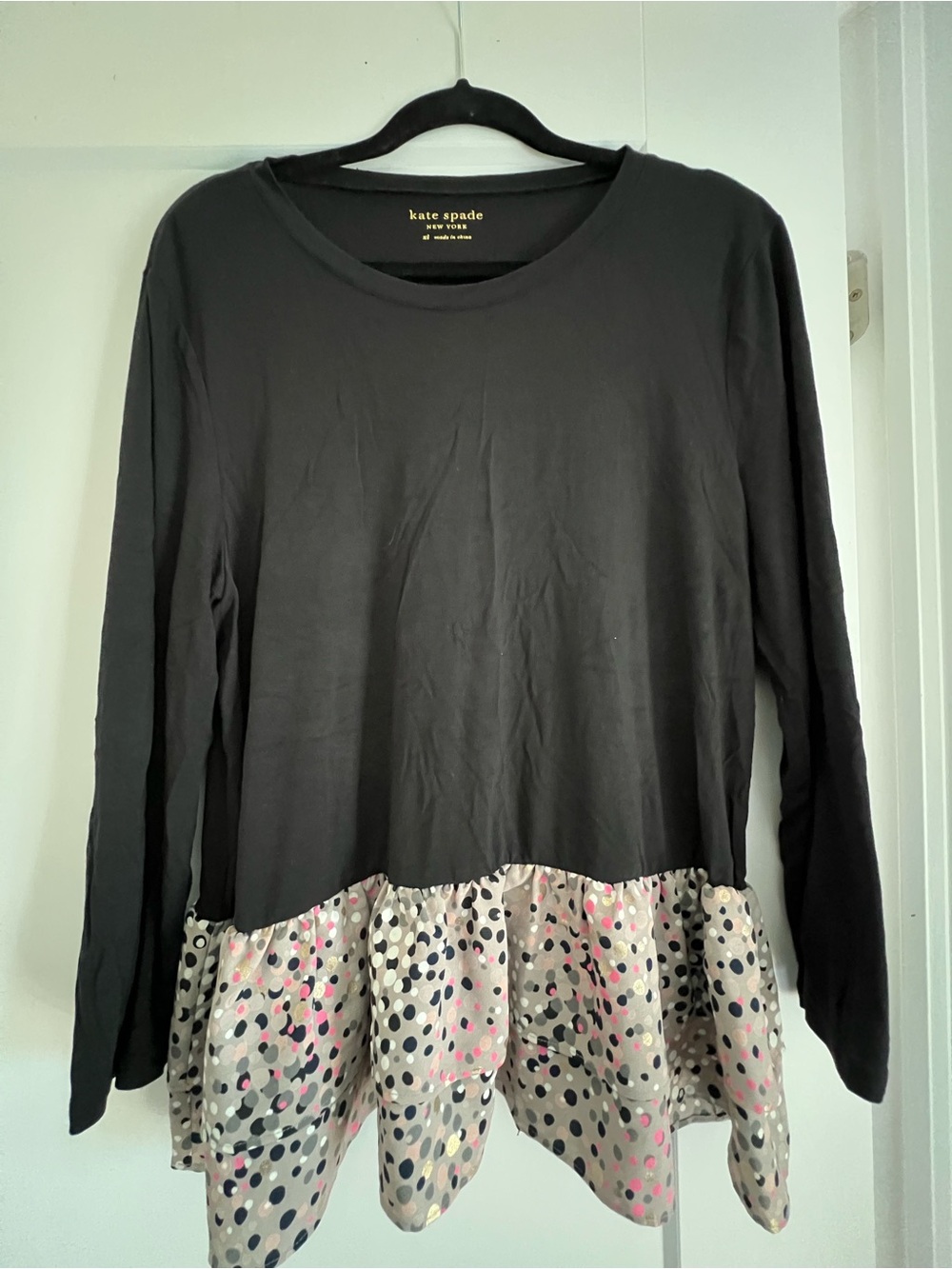 kate spade Black Long-Sleeve Top with Polka Dot Ruffle Hem